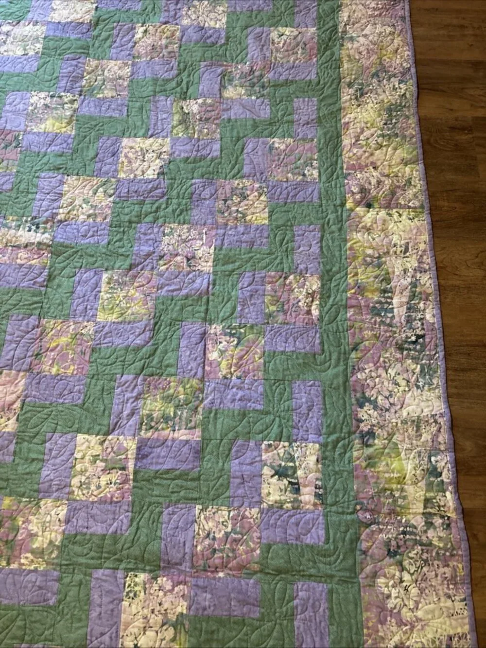 Homemade Modern King Quilt Green & Purple Size 100 X 92 Nine Patch